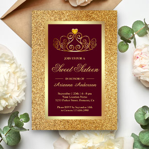 Invitation Diadème Princesse Paillettes Dorées Burgundy Sweet