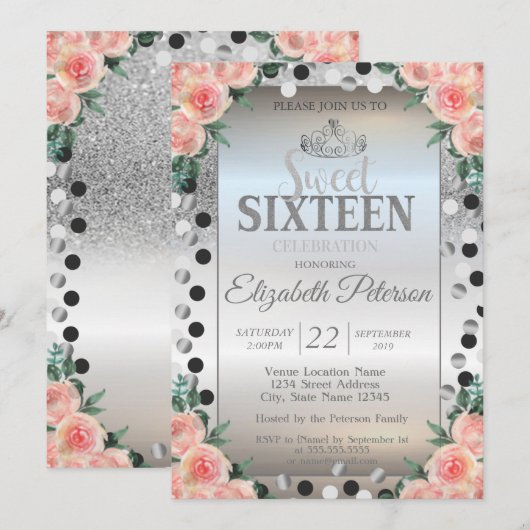 Invitation Diadème, Roses à paillettes argentées Points Douce (Devant / Derrière)
