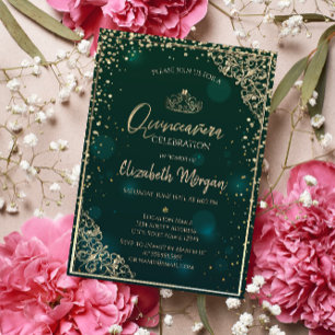 Invitation Diadème vert chic or, diamants Quinceañera