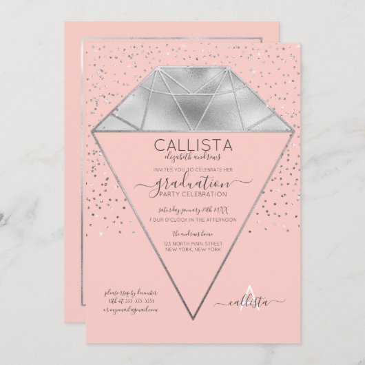 Invitation Diagramme en argent rose Confetti Parties scintill (Devant / Derrière)