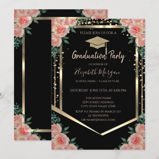 Invitation Diagramme Gold Graduation Cap Floral Graduation (Devant / Derrière)