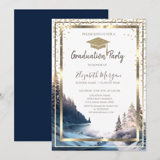 Invitation Diagramme Gold Graduation Cap Paysage Graduation (Devant / Derrière)