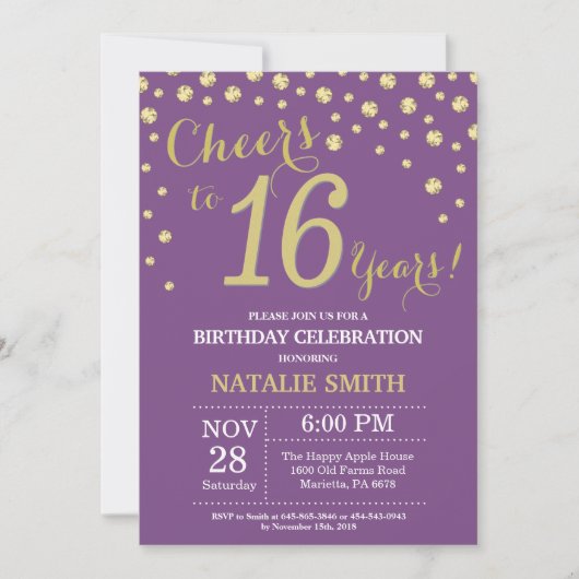 Invitation Diamant 16e Anniversaire Violet et Or (Devant)