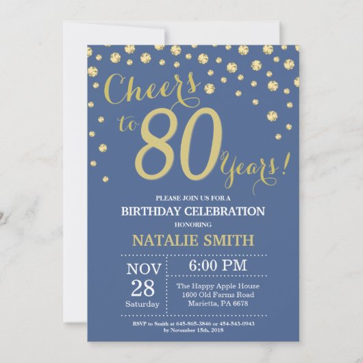 Invitation Diamant bleu et or 80e anniversaire (Devant)
