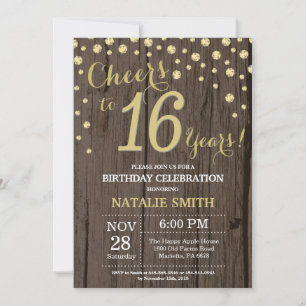 Invitation Diamant Bois Rustique Or 16e Anniversaire