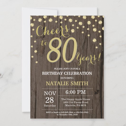 Invitation Diamant Bois Rustique Or 80e Anniversaire (Devant)