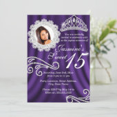 Invitation Diamant d'argent violet Tiara Photo Quinceanera (Debout devant)