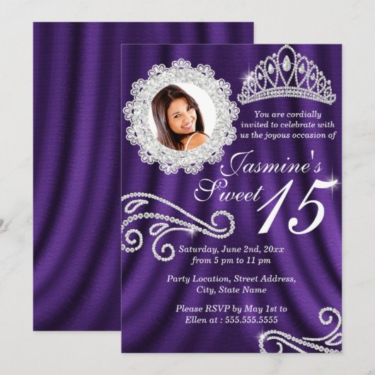 Invitation Diamant d'argent violet Tiara Photo Quinceanera (Devant / Derrière)
