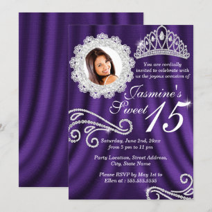 Invitation Diamant d'argent violet Tiara Photo Quinceanera