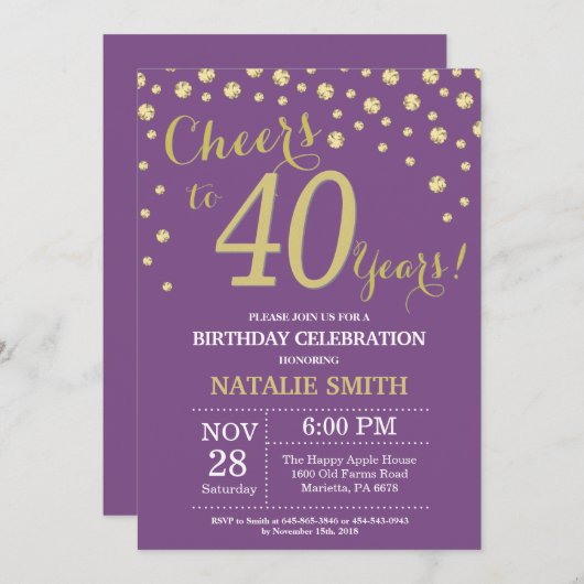 Invitation Diamant de 40e anniversaire violet et or (Devant / Derrière)