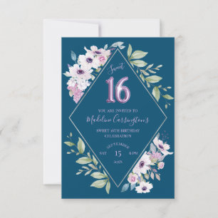 Invitation Diamant de Fleur Violet et Bleu Douce 16 Anniversa