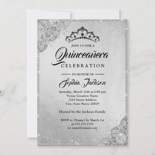 Invitation Diamant Dentelle Étincelle Silver Quinceanera (Devant)
