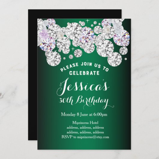 Invitation Diamant élégant VERT, parties scintillant invitati (Devant / Derrière)