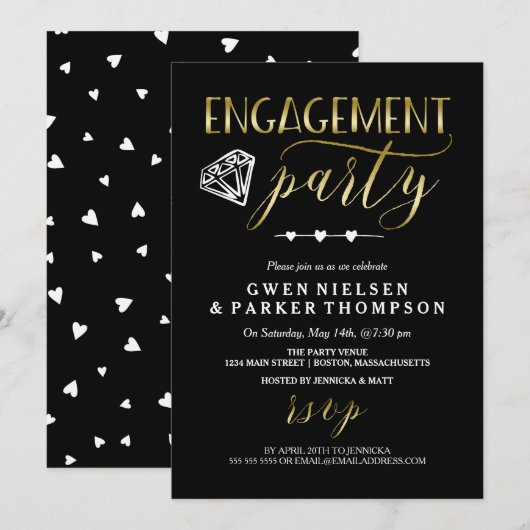 Invitation Diamant et Coeurs| Black & Gold Engagement Party (Devant / Derrière)