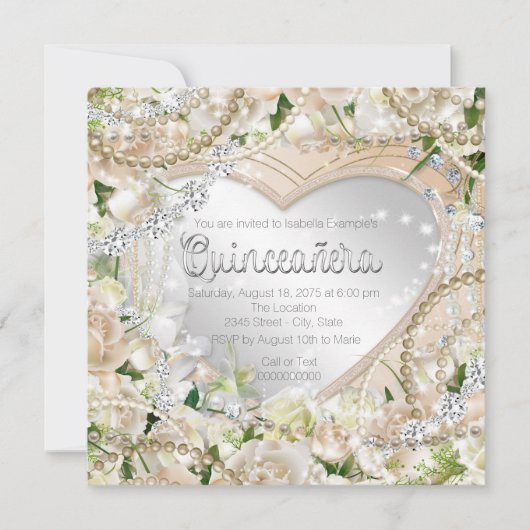 Invitation Diamant et Pearl Rose blanche Quinceanera (Devant)
