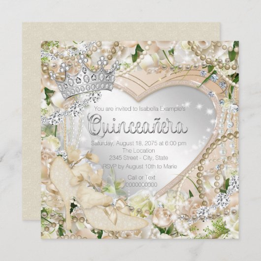 Invitation Diamant et Pearl Rose blanche Quinceanera (Devant / Derrière)