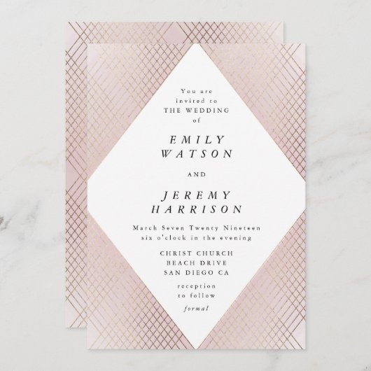 Invitation Diamant Géométrique rose Déco Gold Gatsby Mariage (Devant / Derrière)