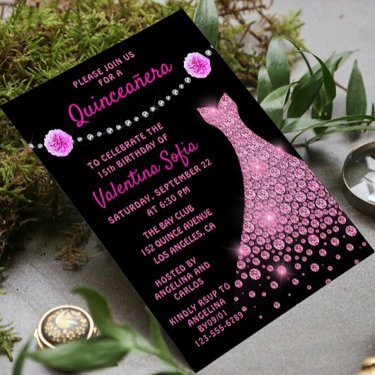 Invitation Diamant Gown rose Rose moderne Quinceañera
