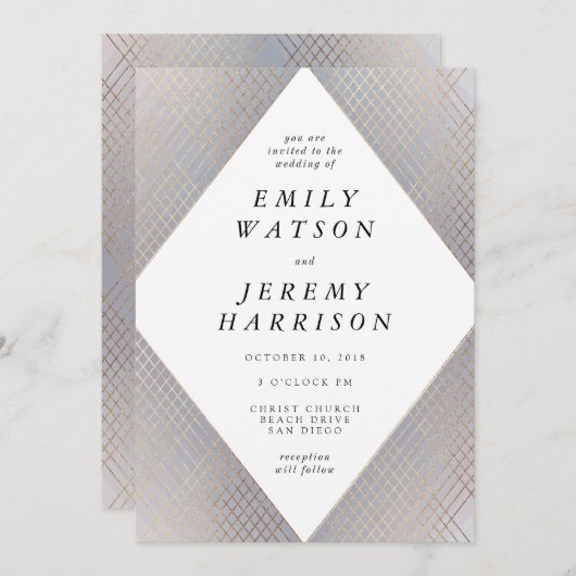 Invitation Diamant Gray Déco Gray Or Gatsby Mariage (Devant / Derrière)