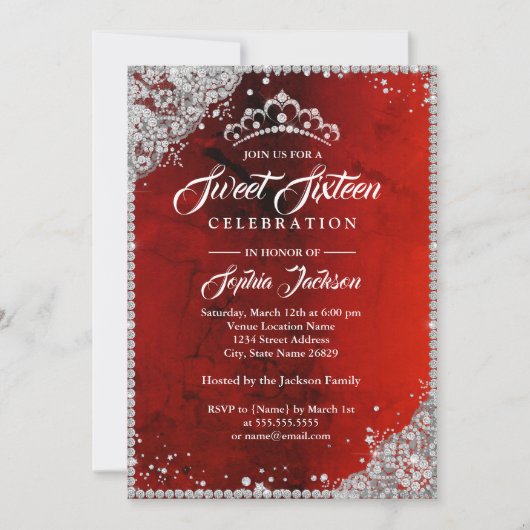 Invitation Diamant Lace Sparkle Rouge Seize Ans (Devant)