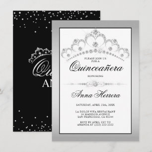Invitation Diamant moderne Tiara noir blanc QUINCEAÑERA