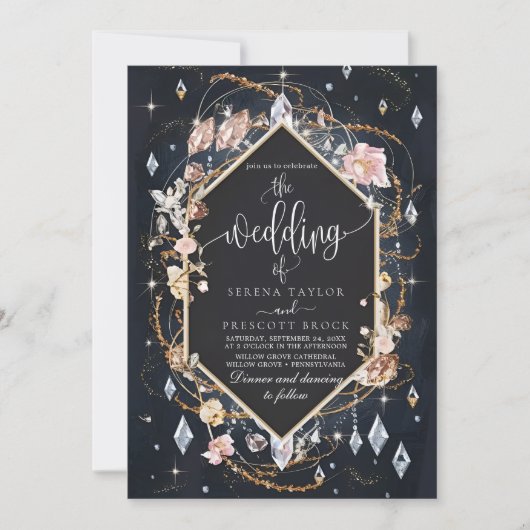 Invitation Diamant Noir Décoré Mariage de luxe (Devant)