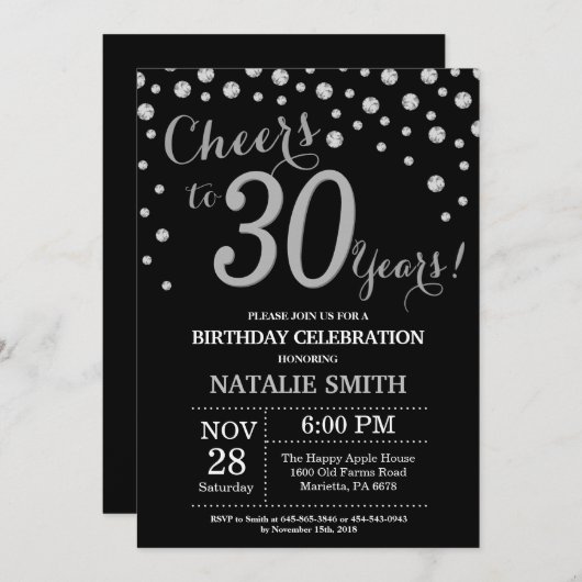 Invitation Diamant noir et argent 30e anniversaire (Devant / Derrière)