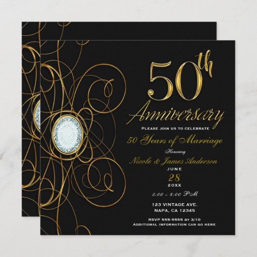 Invitation Diamant noir et or 50 50e Anniversaire chic (Devant / Derrière)