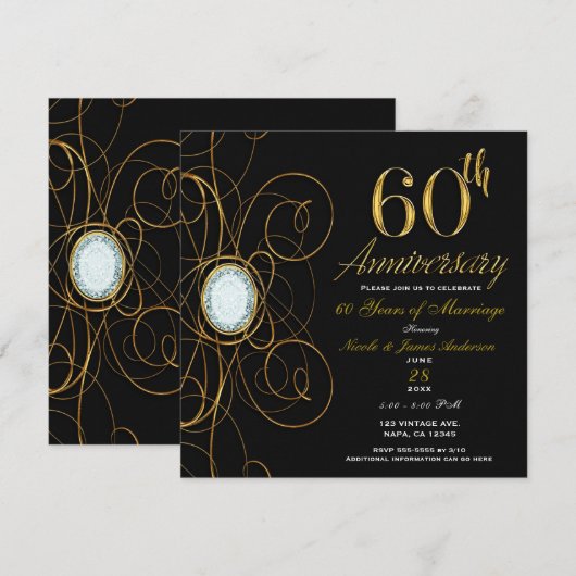 Invitation Diamant Noir & Or 60 60e Anniversaire (Devant / Derrière)