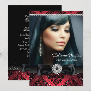 Invitation Diamant Noir Rouge Arc Quinceanera Damassé