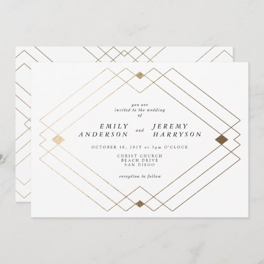 Invitation Diamant Or Blanc Géométrique Mariage Gatsby (Devant / Derrière)