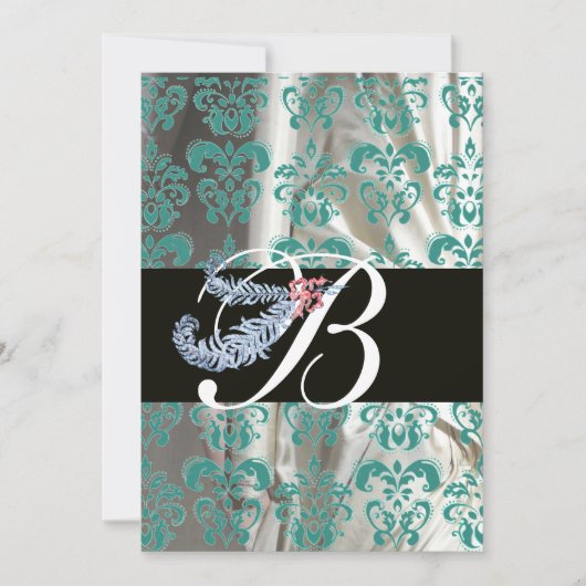 INVITATION DIAMANT PLUME BLEU BLANC SOIE DAMAS MONOGRAMME (Devant)