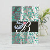 INVITATION DIAMANT PLUME BLEU BLANC SOIE DAMAS MONOGRAMME (Debout devant)