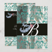 INVITATION DIAMANT PLUME BLEU BLANC SOIE DAMAS MONOGRAMME (Devant / Derrière)