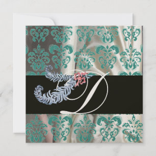 INVITATION DIAMANT PLUMES BLANC SOIE BLEU DAMAS MONOGRAMME