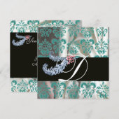 INVITATION DIAMANT PLUMES BLANC SOIE BLEUE DAMASSÉE MONOGRAMM (Devant / Derrière)