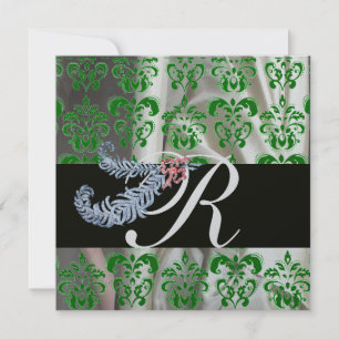 INVITATION DIAMANT PLUMES VERTS SOIE ARGENTÉE DAMAS MONOGRAMM