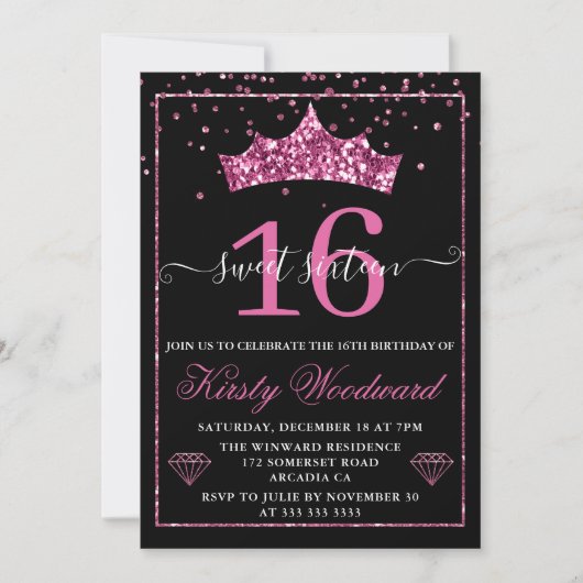 Invitation Diamant rose Confetti Tiara Sweet 16 (Devant)