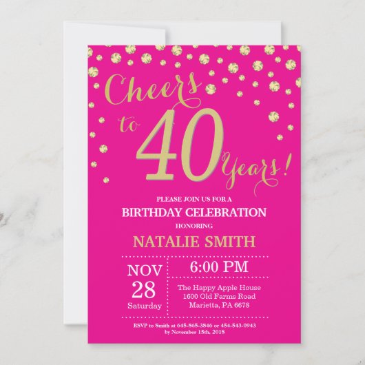 Invitation Diamant rose vif et or pour 40e anniversaire (Devant)