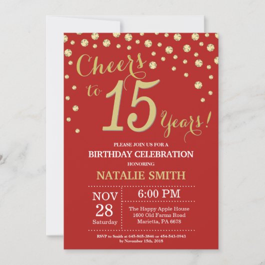 Invitation Diamant Rouge et Or pour 15 ans (Devant)