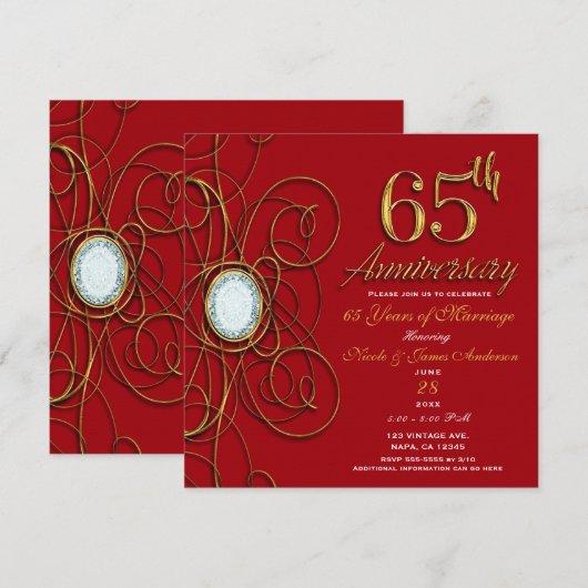 Invitation Diamant Rouge & Or 65 65e Anniversaire (Devant / Derrière)