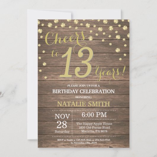 Invitation Diamant Rustique Bois Or 13e Anniversaire (Devant)