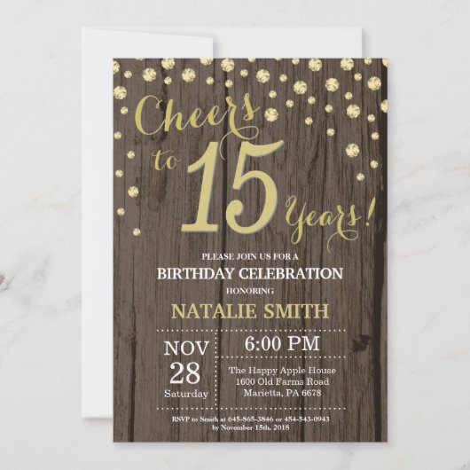 Invitation Diamant Rustique Bois Or 15e Anniversaire (Devant)