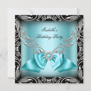 Invitation Diamant Sarcelle Bleu Nœud Argent Noir Fête d'anni