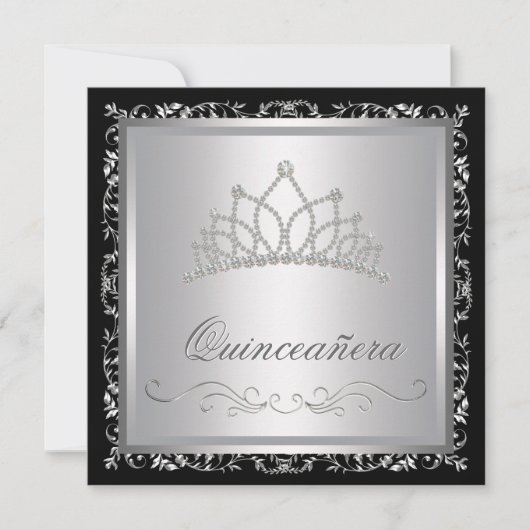 Invitation Diamant Tiara Black Damask Quinceanera (Devant)