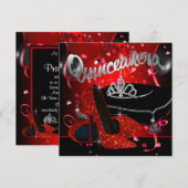 Invitation Diamant Tiara Quinceanera rouge et noire (Devant / Derrière)