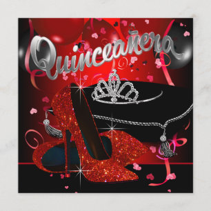 Invitation Diamant Tiara Quinceanera rouge et noire