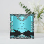 Invitation Diamant Turquoise Bleu Bow Argent Anniversaire (Debout devant)