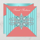 Invitation Diamant Turquoise Bleu Corail Douce 16e Anniversai (Devant / Derrière)