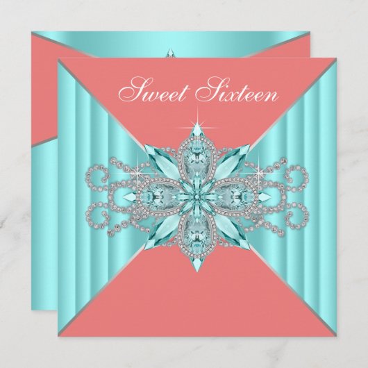 Invitation Diamant Turquoise Bleu Corail Douce 16e Anniversai (Devant / Derrière)